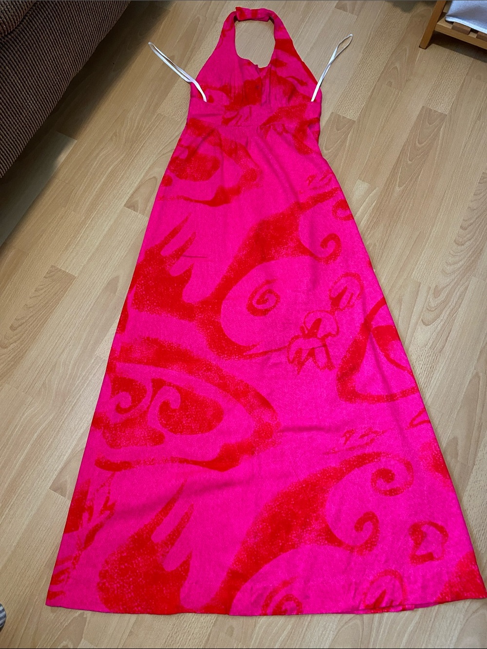 Vintage 1970s Fumi’s Original Honolulu Halter Maxi Dress Hot Pink Pattern XS